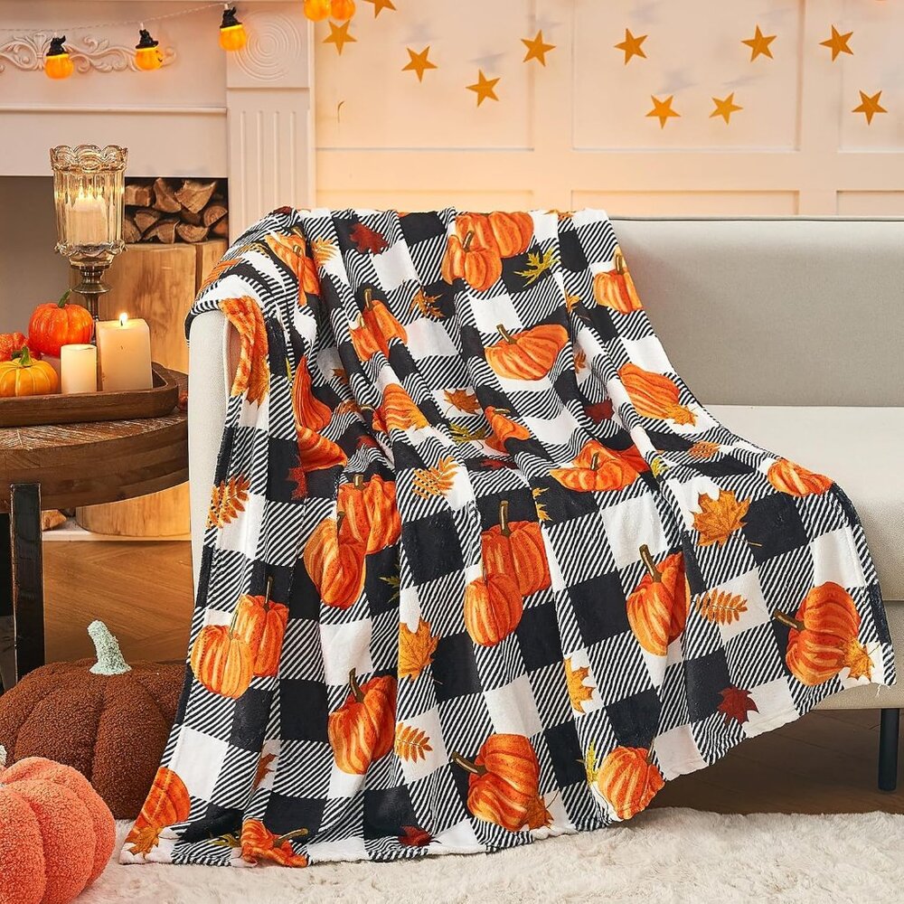 Pumpkin Leaf Fall Plaid Throw Blanket -Cozy 50"x60" Autumn Decor for Couch & Bed
